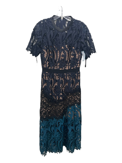 Self-Portrait Size 6 Blue & Multi Polyester Floral Lace color block Midi Dress Blue & Multi / 6