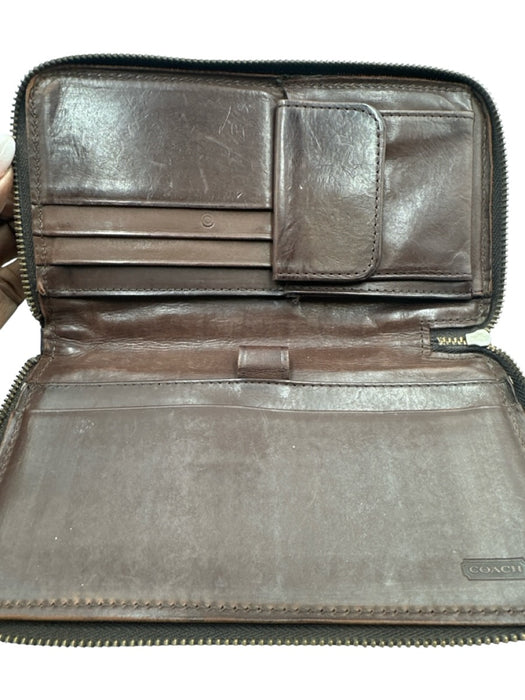 Coach Dark Brown Leather Zip Close Card Slots Wallets Dark Brown