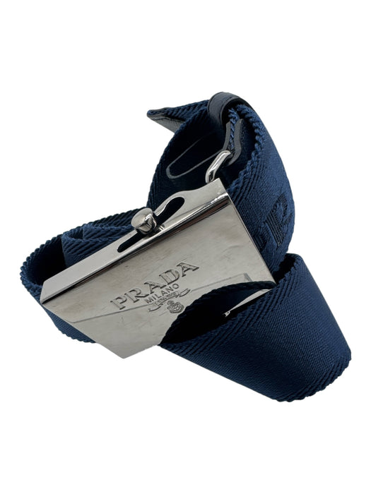 Prada Navy Polyester Blend Silvertone hardware Woven Logo Belts Navy