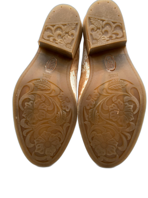 Sofft Shoe Size 38.5 Tan & White Leather Round Toe Cow Print Stacked Heel Flats Tan & White / 38.5