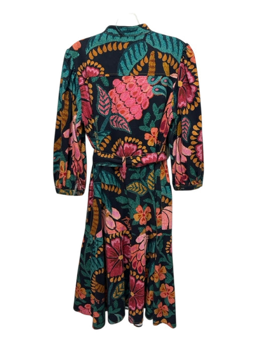Farm Rio Size S Black & Multi Cotton Long Sleeve Floral Buttons Tie Waist Dress Black & Multi / S