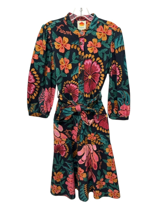Farm Rio Size S Black & Multi Cotton Long Sleeve Floral Buttons Tie Waist Dress Black & Multi / S