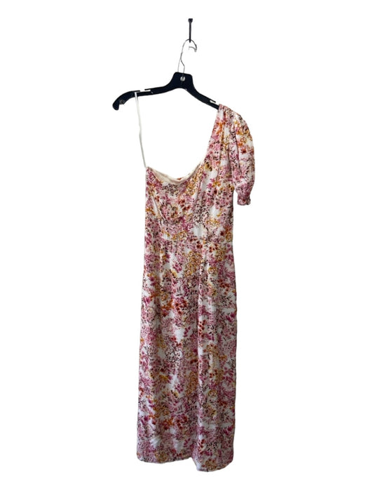 Flynn Skye Size S Cream & Pink Print Silk Blend Floral One Shoulder Midi Dress Cream & Pink Print / S