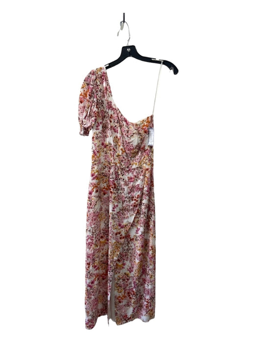 Flynn Skye Size S Cream & Pink Print Silk Blend Floral One Shoulder Midi Dress Cream & Pink Print / S