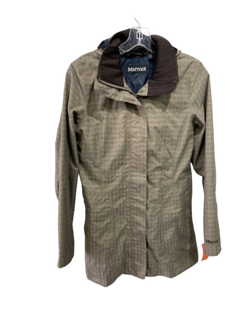 Marmot Size M Beige Nylon Blend Hood Front Zip Plaid Velcro Jacket Beige / M