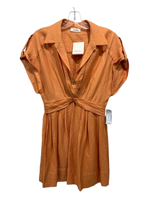 Sandro Size 36 Orange Viscose Collared Button Up Cap Sleeve Twist Detail Dress Orange / 36