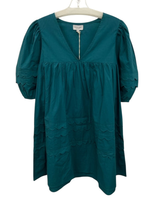 Olivia James Size XS Green Cotton V Neck Puff Sleeve Mini Dress Green / XS