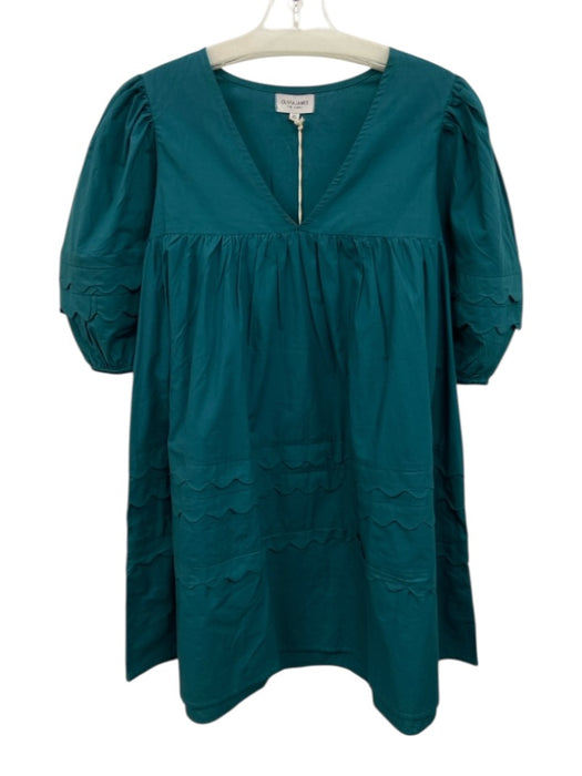 Olivia James Size XS Green Cotton V Neck Puff Sleeve Mini Dress Green / XS