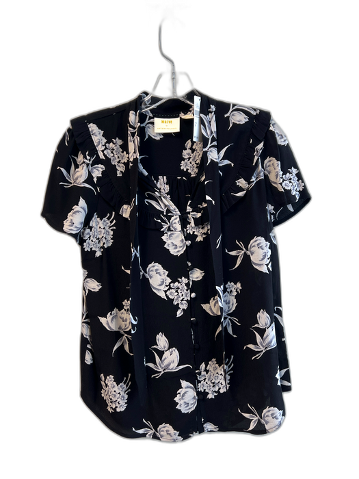 Maeve Size S Black & White Viscose Short Sleeve Floral Print Tie Neck Top Black & White / S