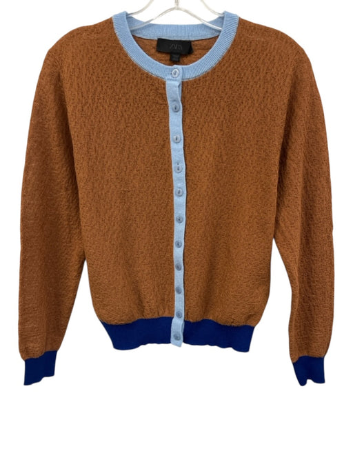 Zara Size S Brown & Blue Polyester Blend Long Sleeve Woven Button Up Sweater Brown & Blue / S
