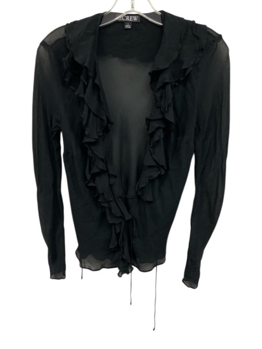 J Crew Size 2 Black Viscose Open Ruffle Trim Long Sleeve Tie Waist Top Black / 2
