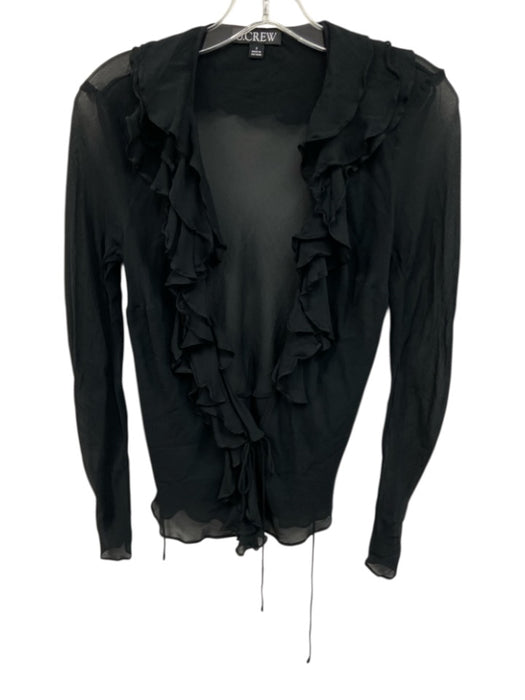 J Crew Size 2 Black Viscose Open Ruffle Trim Long Sleeve Tie Waist Top Black / 2