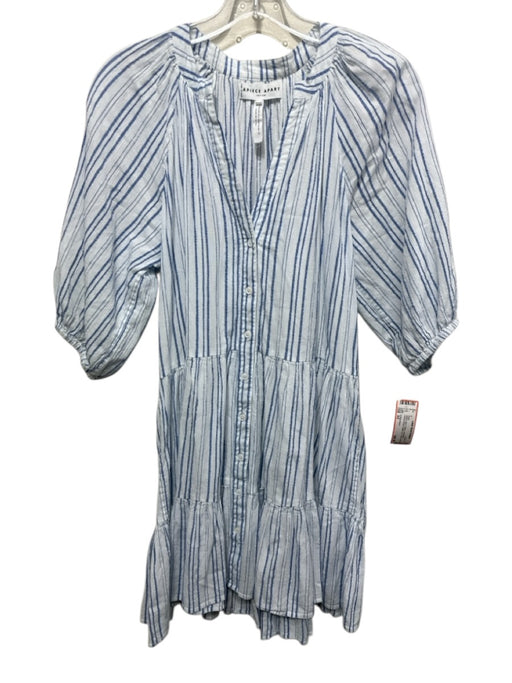 A Piece Apart Size XS White & Blue Cotton Long Sleeve Vertical Stripes Dress White & Blue / XS