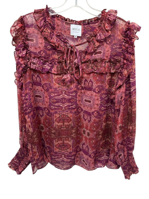 Misa Size M Purple, Red & Black Polyester Long Balloon Sleeve Abstract Print Top Purple, Red & Black / M