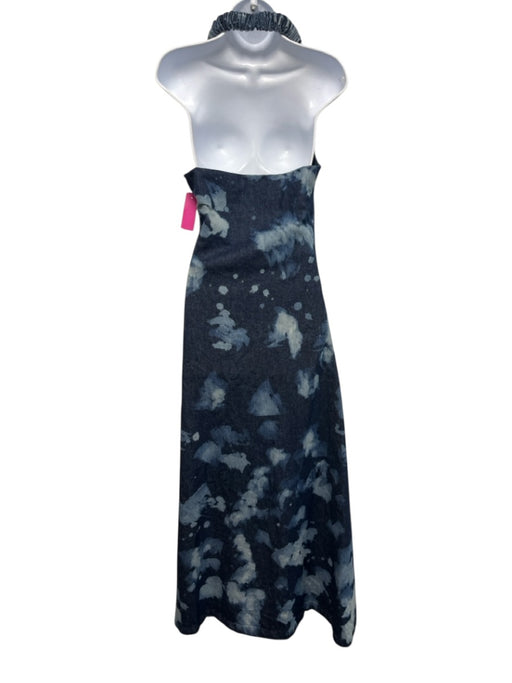 Orire Size 4 Navy & Blue Print Cotton Denim Side Zip Tie Dye Halter Maxi Dress Navy & Blue Print / 4