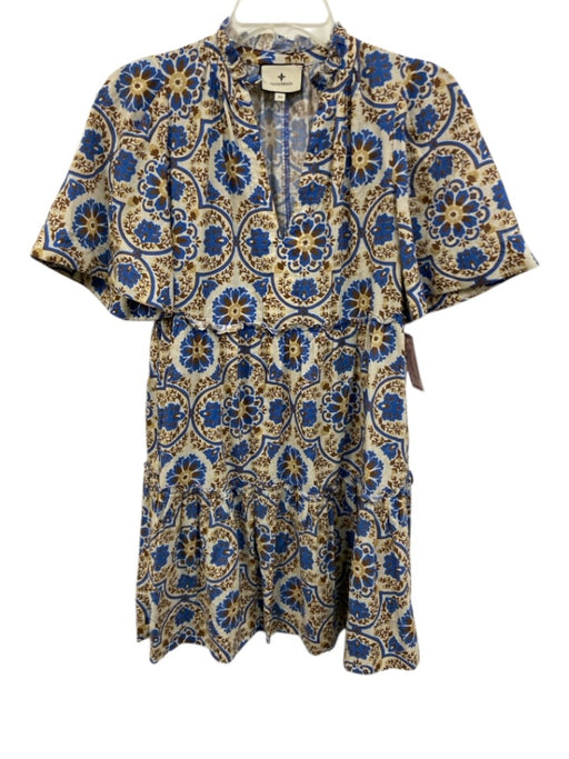 Tuckernuck Size XS Beige, Blue, Brown Cotton V Neck Abstract Floral Dress Beige, Blue, Brown / XS