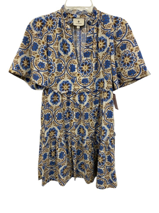 Tuckernuck Size XS Beige, Blue, Brown Cotton V Neck Abstract Floral Dress Beige, Blue, Brown / XS