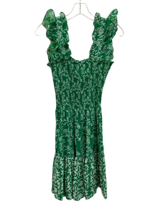 Ro's Garden Size XS Green & White Print Cotton Smocked Floral Sleeveless Dress Green & White Print / XS