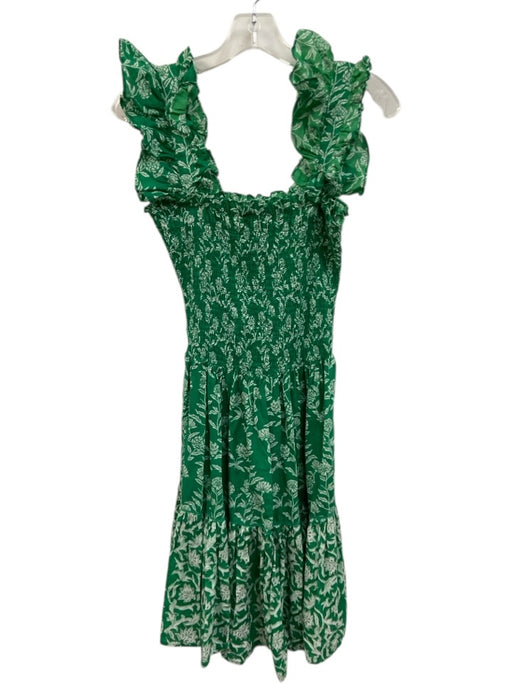 Ro's Garden Size XS Green & White Print Cotton Smocked Floral Sleeveless Dress Green & White Print / XS