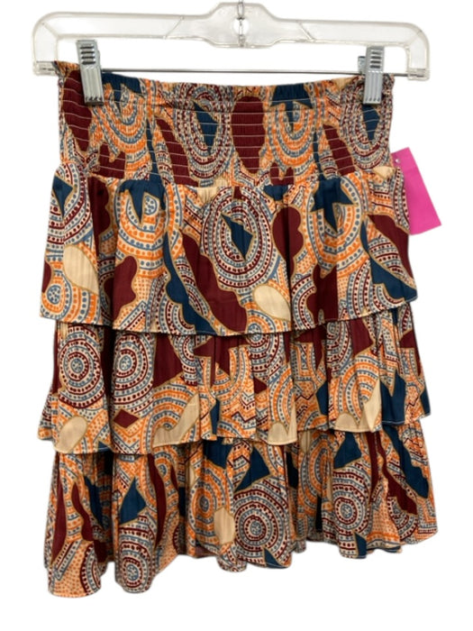 By Anthropologie Size XS Burgundy, Orange, Navy Polyester Smocked Tiered Skirt Burgundy, Orange, Navy / XS