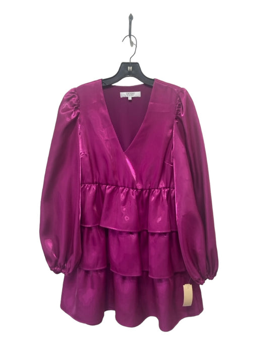 Crosby Size S Fuschia Pink Shimmer V Neck Tiered Long Puff Sleeve Dress Fuschia Pink / S