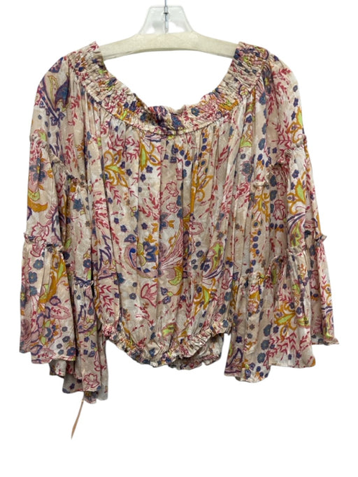 Free People Size Small Blue, Pink, Green Viscose Long Flare Sleeve Floral Top Blue, Pink, Green / Small