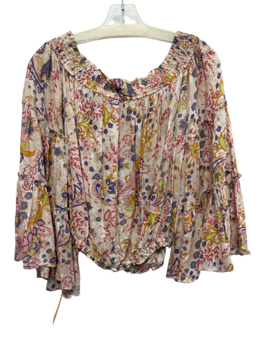 Free People Size Small Blue, Pink, Green Viscose Long Flare Sleeve Floral Top Blue, Pink, Green / Small