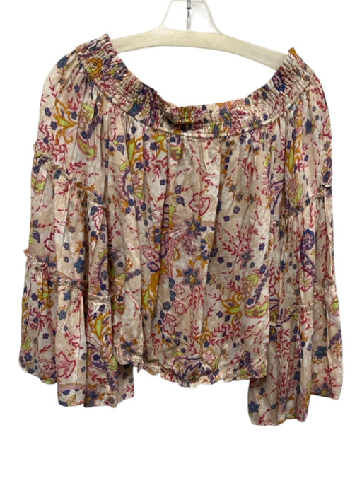 Free People Size Small Blue, Pink, Green Viscose Long Flare Sleeve Floral Top Blue, Pink, Green / Small