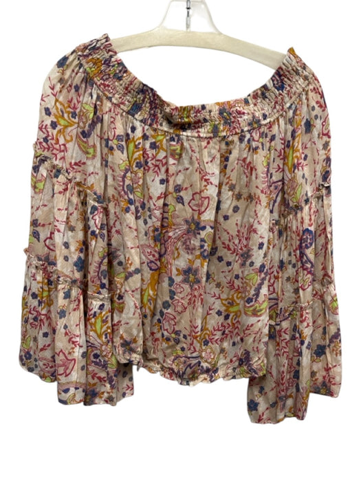 Free People Size Small Blue, Pink, Green Viscose Long Flare Sleeve Floral Top Blue, Pink, Green / Small