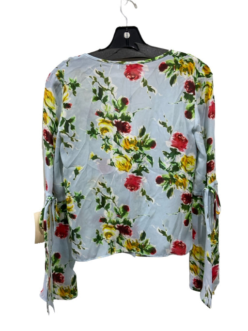 Milly Size Petite Blue, Red & Yellow Silk V Neck Floral Hidden Button Top Blue, Red & Yellow / Petite