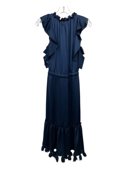 Misa Size XS Navy Blue Viscose Ruffle Neck Ruffle Cap Sleeve Drawstring Dress Navy Blue / XS