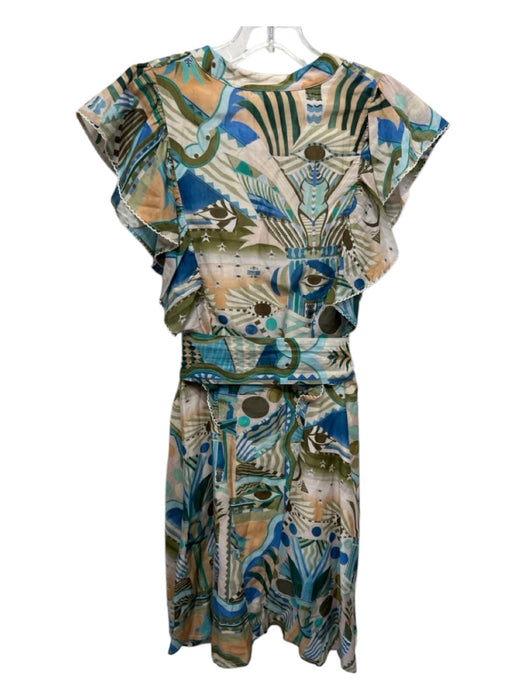 Chufy Size XS Blue, Tan & Green Cotton & Silk Short Cap Sleeve V Neck Dress Blue, Tan & Green / XS