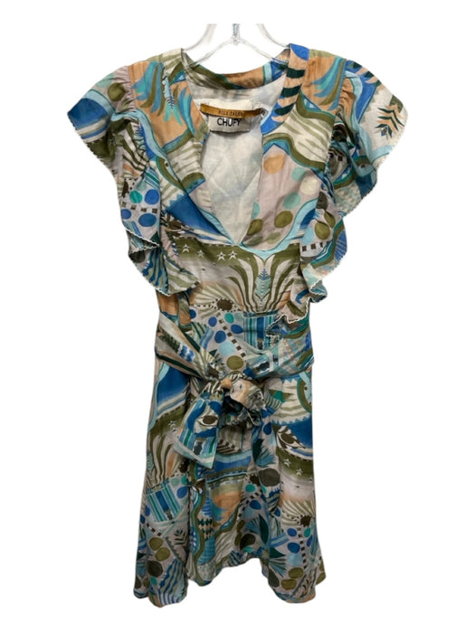 Chufy Size XS Blue, Tan & Green Cotton & Silk Short Cap Sleeve V Neck Dress Blue, Tan & Green / XS