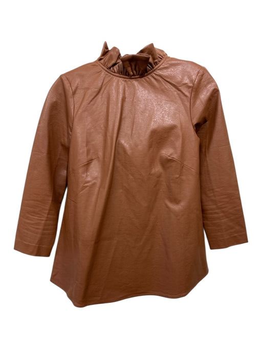 Tuckernuck Size XXS Brown Polyester Long Sleeve Ruffle Neckline Tie Neck Top Brown / XXS