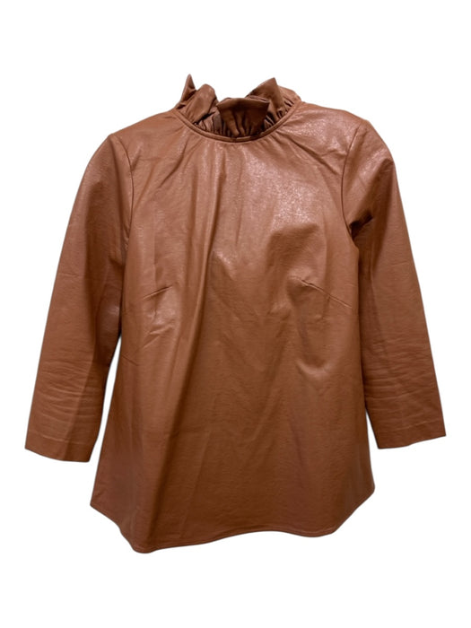 Tuckernuck Size XXS Brown Polyester Long Sleeve Ruffle Neckline Tie Neck Top Brown / XXS
