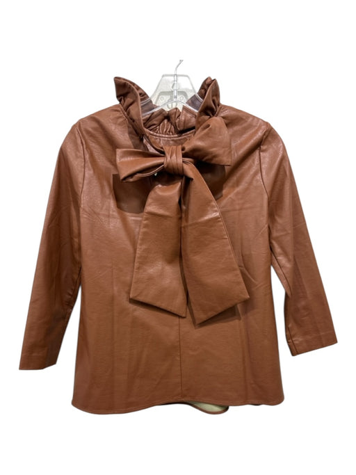 Tuckernuck Size XXS Brown Polyester Long Sleeve Ruffle Neckline Tie Neck Top Brown / XXS