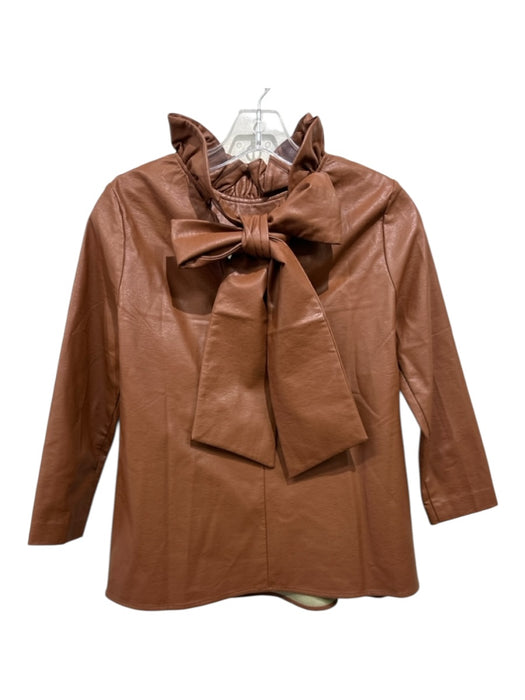 Tuckernuck Size XXS Brown Polyester Long Sleeve Ruffle Neckline Tie Neck Top Brown / XXS