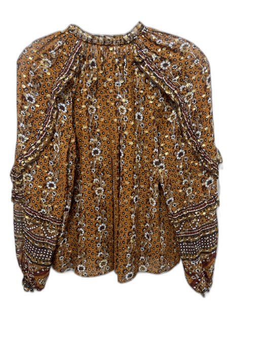 Ulla Johnson Size 0 Orange, Brown, Multi Silk Gold Thread Floral Print Top Orange, Brown, Multi / 0