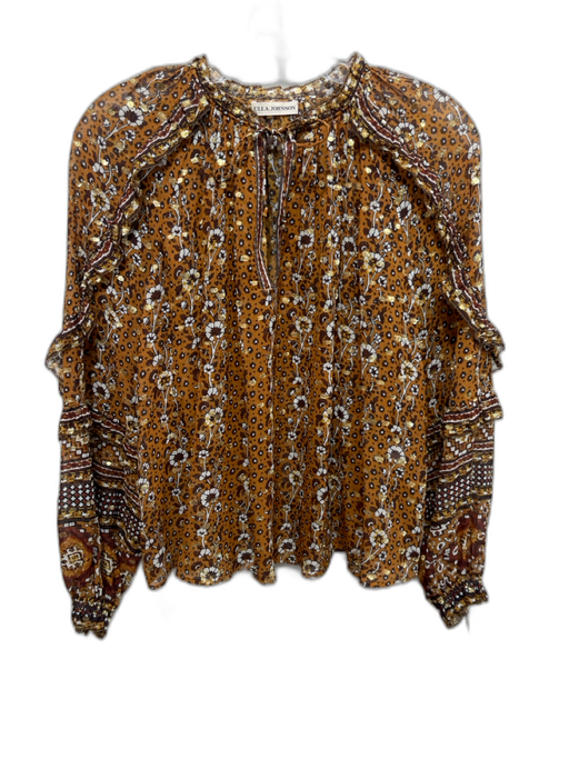 Ulla Johnson Size 0 Orange, Brown, Multi Silk Gold Thread Floral Print Top Orange, Brown, Multi / 0