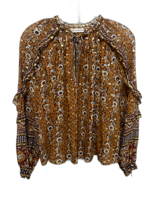 Ulla Johnson Size 0 Orange, Brown, Multi Silk Gold Thread Floral Print Top Orange, Brown, Multi / 0
