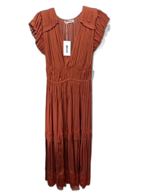 Ulla Johnson Size 0 Orange Polyester Floral Embroidered Tiered Cap Sleeve Dress Orange / 0