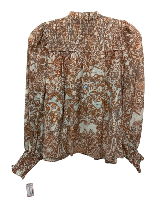 Ulla Johnson Size 0 Brown, Aqua & Gold Cotton Blend Long Sleeve Floral Top Brown, Aqua & Gold / 0