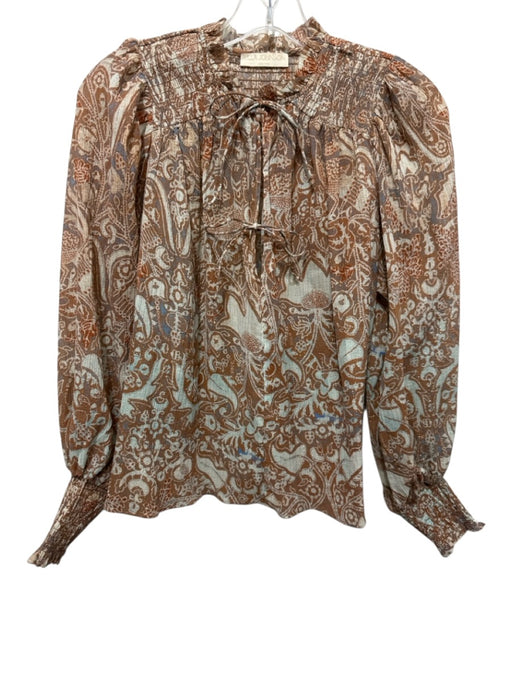 Ulla Johnson Size 0 Brown, Aqua & Gold Cotton Blend Long Sleeve Floral Top Brown, Aqua & Gold / 0