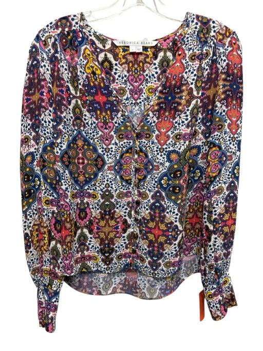Veronica Beard Size 0 Blue, Red & Multi Viscose Floral & Abstract V Neck Top Blue, Red & Multi / 0