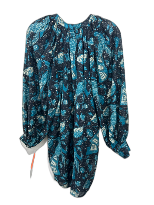 Ulla Johnson Size P Teal Blue & Black Cotton Long Balloon Sleeve V Neck Dress Teal Blue & Black / P