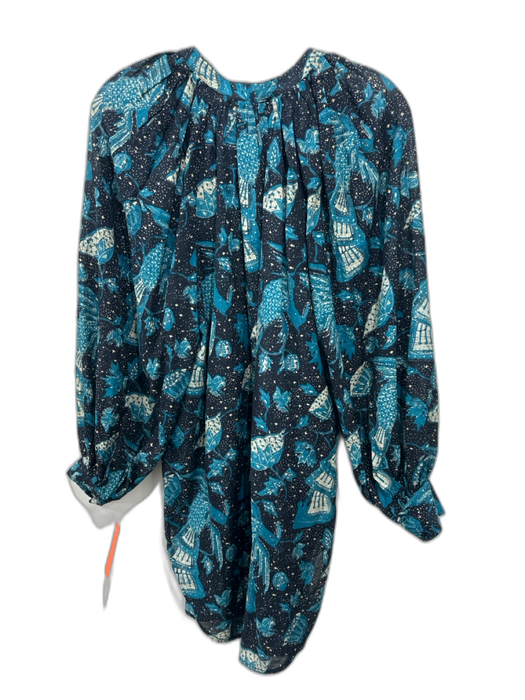 Ulla Johnson Size P Teal Blue & Black Cotton Long Balloon Sleeve V Neck Dress Teal Blue & Black / P