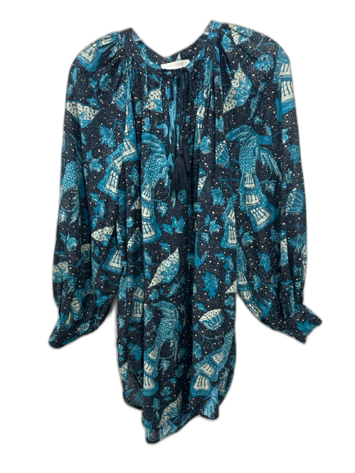 Ulla Johnson Size P Teal Blue & Black Cotton Long Balloon Sleeve V Neck Dress Teal Blue & Black / P