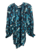 Ulla Johnson Size P Teal Blue & Black Cotton Long Balloon Sleeve V Neck Dress Teal Blue & Black / P