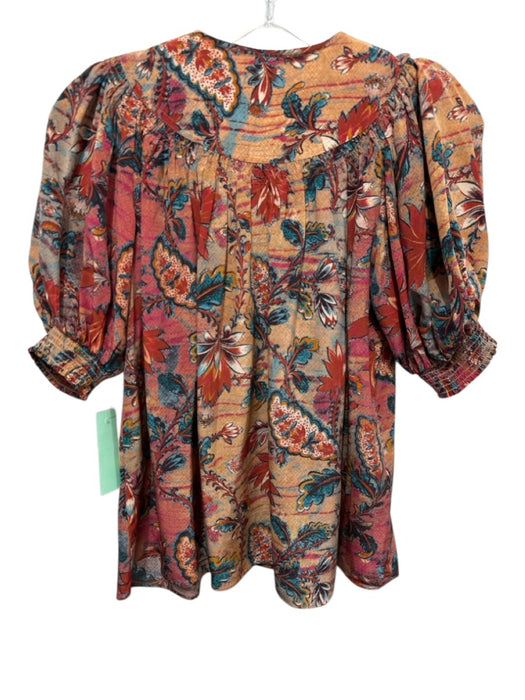 Ulla Johnson Size 0 Beige, Turquoise & Multi Silk Short Balloon Sleeve Top Beige, Turquoise & Multi / 0