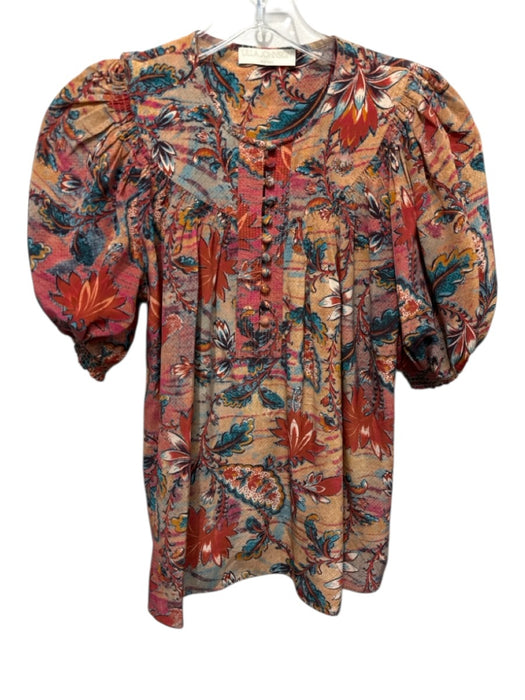 Ulla Johnson Size 0 Beige, Turquoise & Multi Silk Short Balloon Sleeve Top Beige, Turquoise & Multi / 0